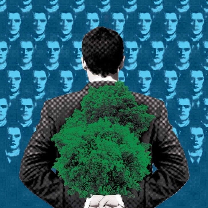 Conceptual illustration of a businessman holding a tree behind his back.