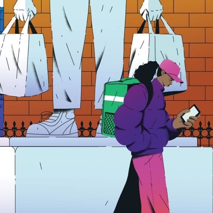 Illustration of a gig shoppers carrying bags in front of a hero-like statue of a gig worker.