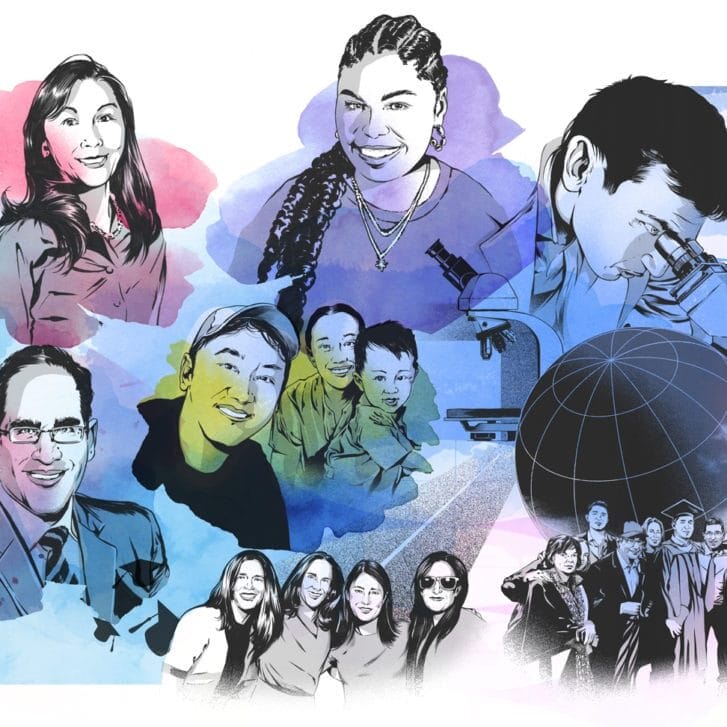 Illustrated collage of various Wharton alumni who appear throughout this piece.