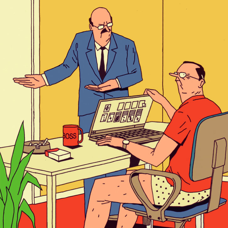 Illustration of an employee working from home, with an unhappy boss looking at them.