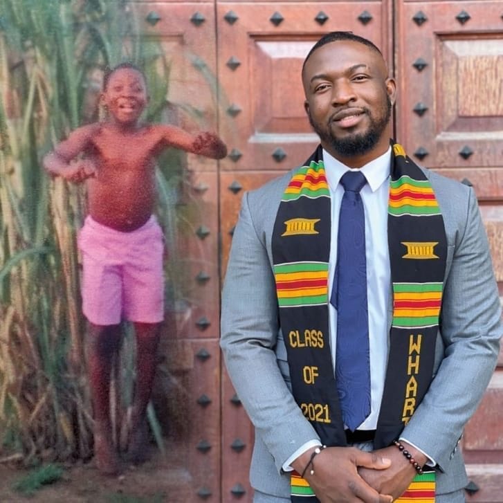 A photo of a young Temitope Akande jumping in front of green foliage, compared with a photo of a Wharton graduate Temitope in a suit and graduation stole.