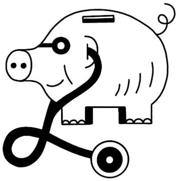 Illustration of a piggy bank and stethoscope.