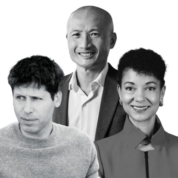 Collage with headshots of Sam Altman, David Hsu, and Shellye Archambeau.