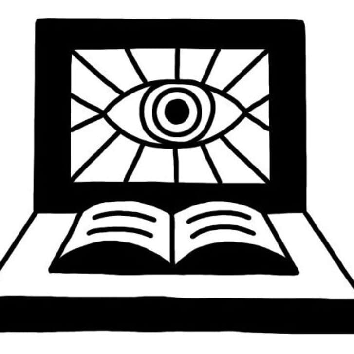 Conceptual illustration of a laptop with an open book as a keyboard and an open eye on the screen.