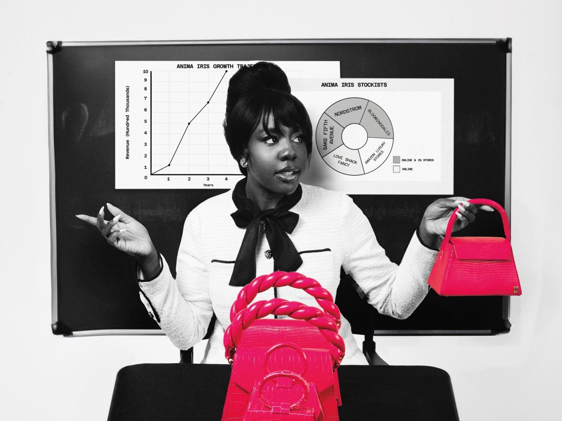 Wilglory Tanjong in a white jacket and with a black bow around her neck stands in front of a whiteboard holding a bright pink bag. Other bright pink bags are arranged on a table in front of her.