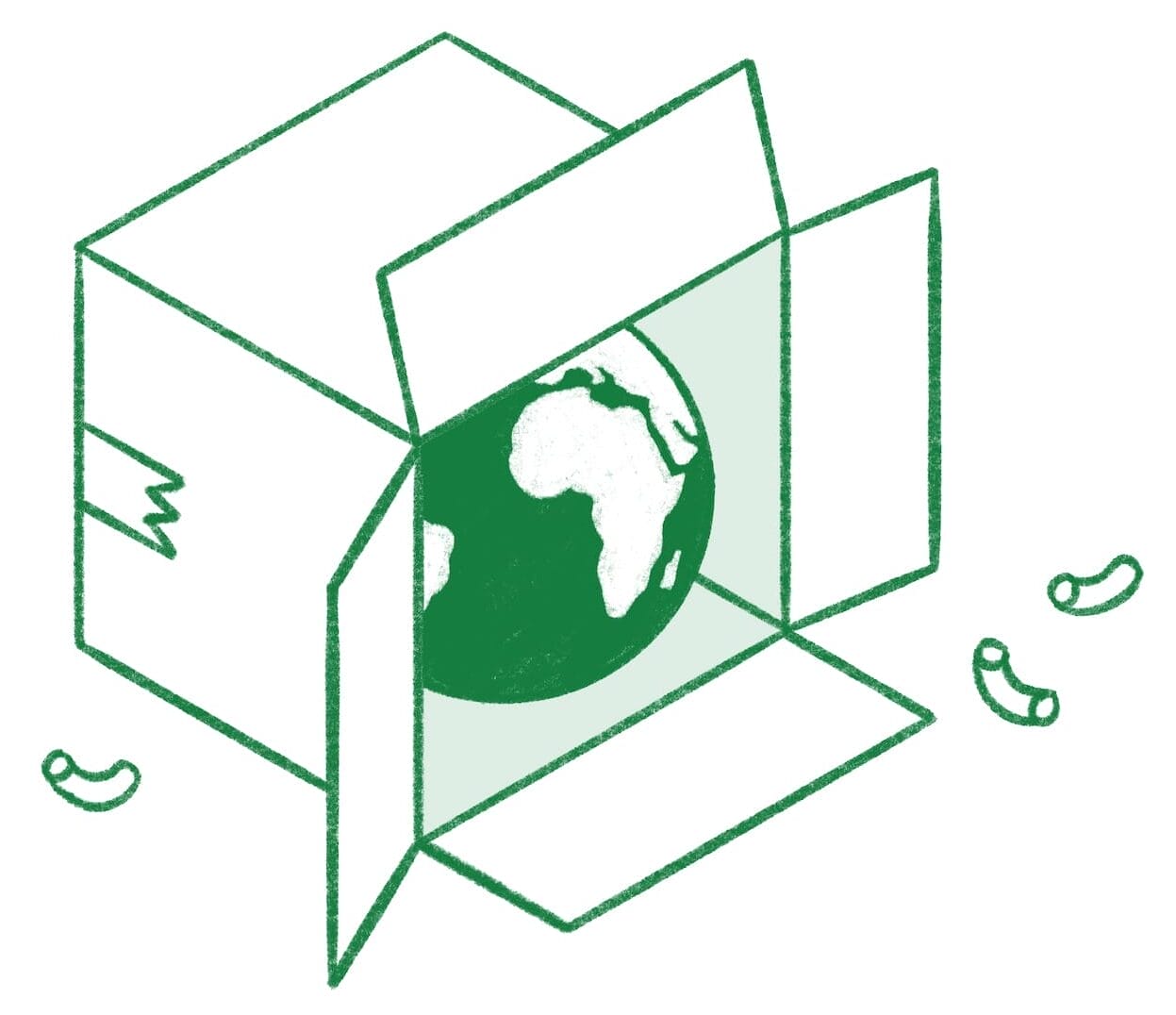 Conceptual illustration of an open box tilted on its side and a globe inside of it.