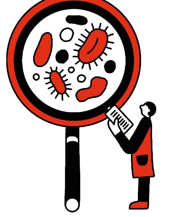 Red, white, and black illustration of a medical professional staring up at a large microscope with cells under the glass.