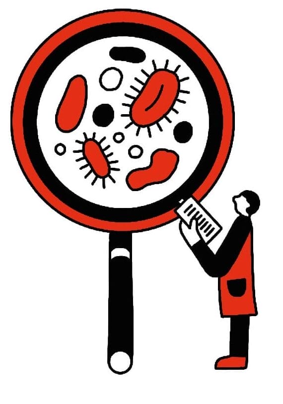 Red, white, and black illustration of a medical professional staring up at a large microscope with cells under the glass.