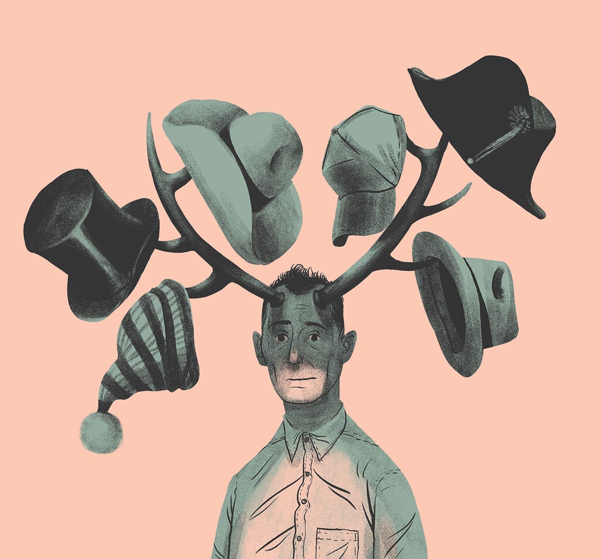 Conceptual illustration of a person with antlers on their head and hats hanging from the antlers.