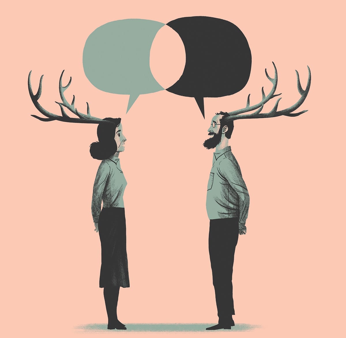 Decorative illustration of two businesspeople with antlers on their heads facing each other with speech bubbles over their heads.