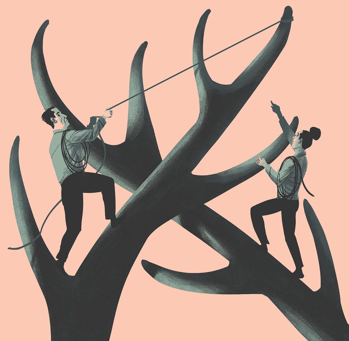 Decorative illustration of two people scaling a pair of antlers using climbing ropes.