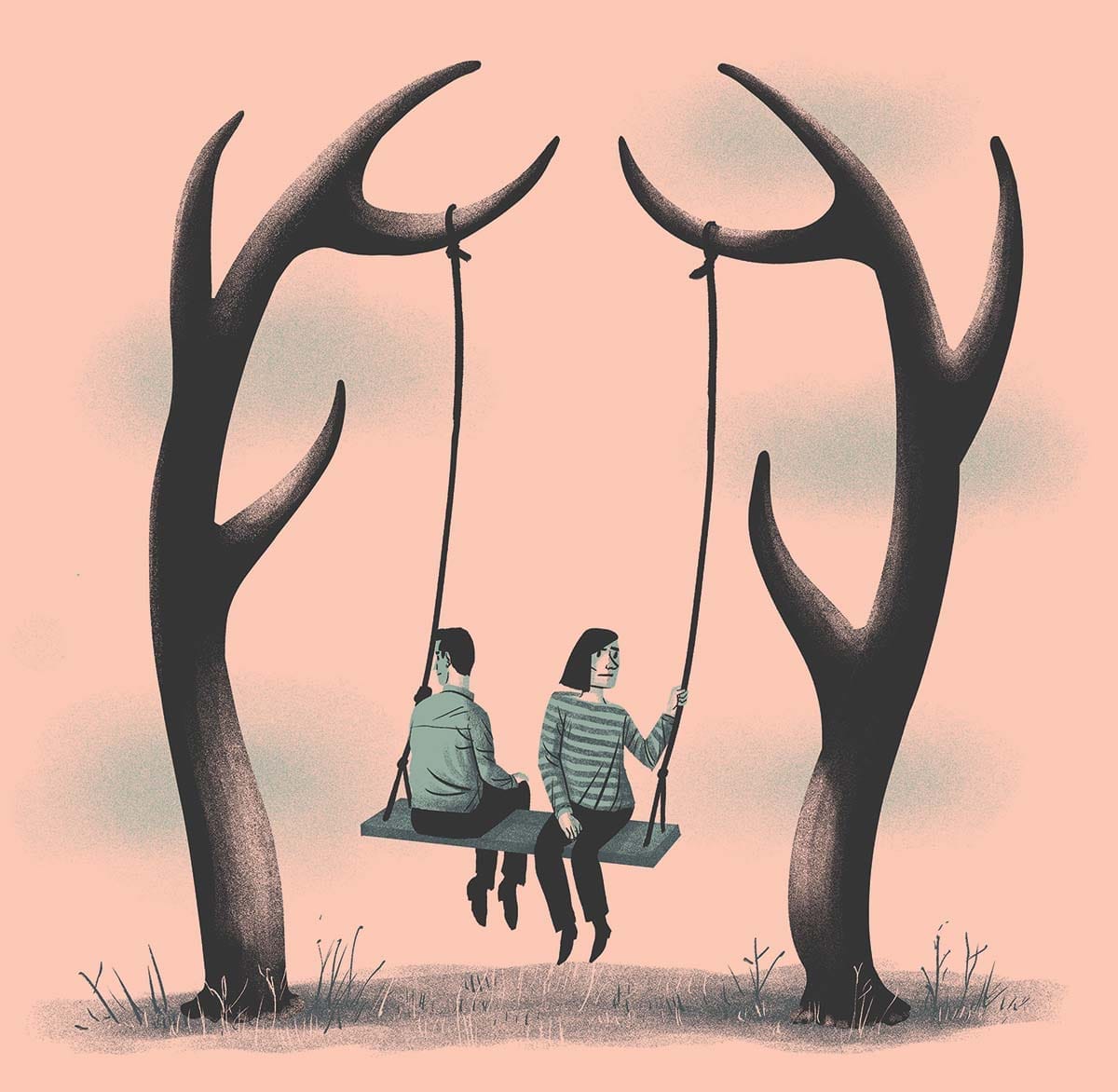 Decorative illustration of two people sitting on a swing that is hung between two antlers acting as poles.