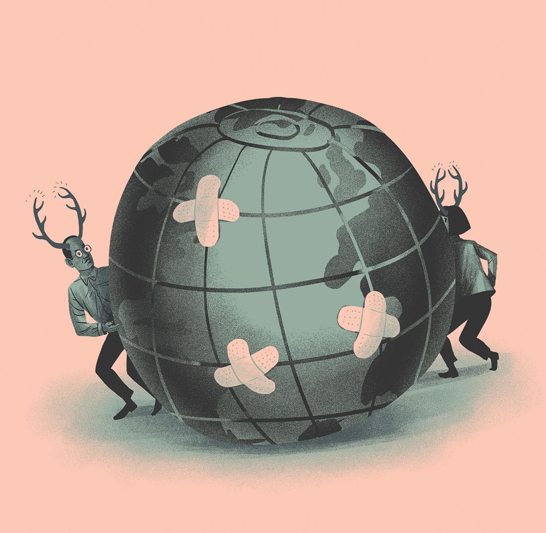 Decorative illustration of two people with antlers on their heads circling a globe.