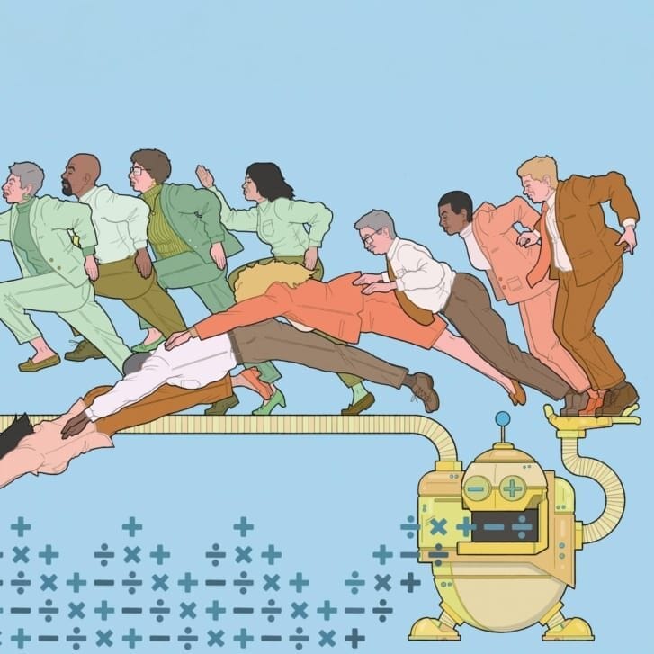 Conceptual illustration of people in business attire running down a runway that is a robot's arm, juxtaposed against other people in business attire diving off of the robot's other hand.