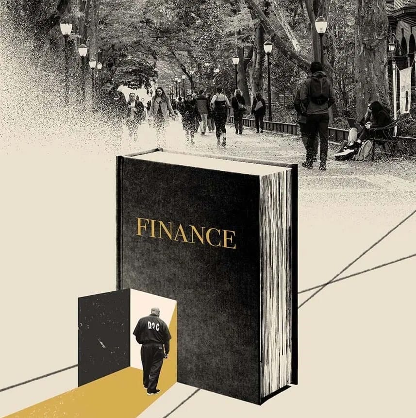 Collage with students on Locust Walk in the background and, in the foreground, a book with the title "Finance" on it and an open door inset into the book with an incarcerated individual walking through it.