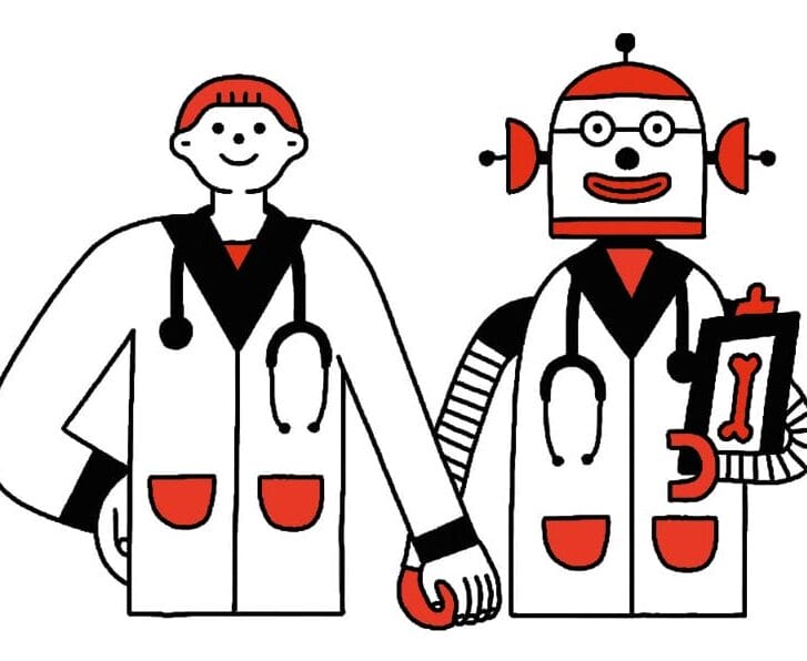 Red, white, and black illustration of a doctor and a robot standing side by side and holding hands.