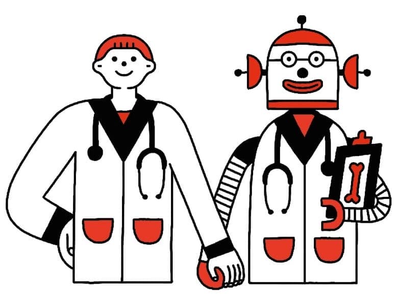 Red, white, and black illustration of a doctor and a robot standing side by side and holding hands.