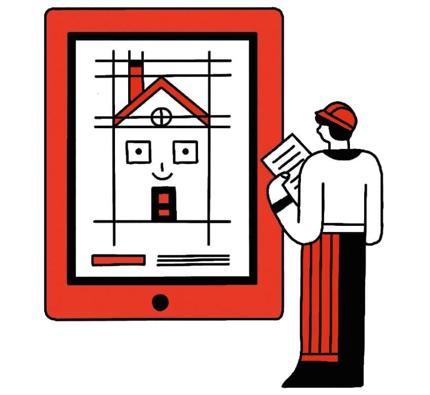 Red, white, and black illustration of a construction worker staring at a large iPad with blueprints for a home on it.