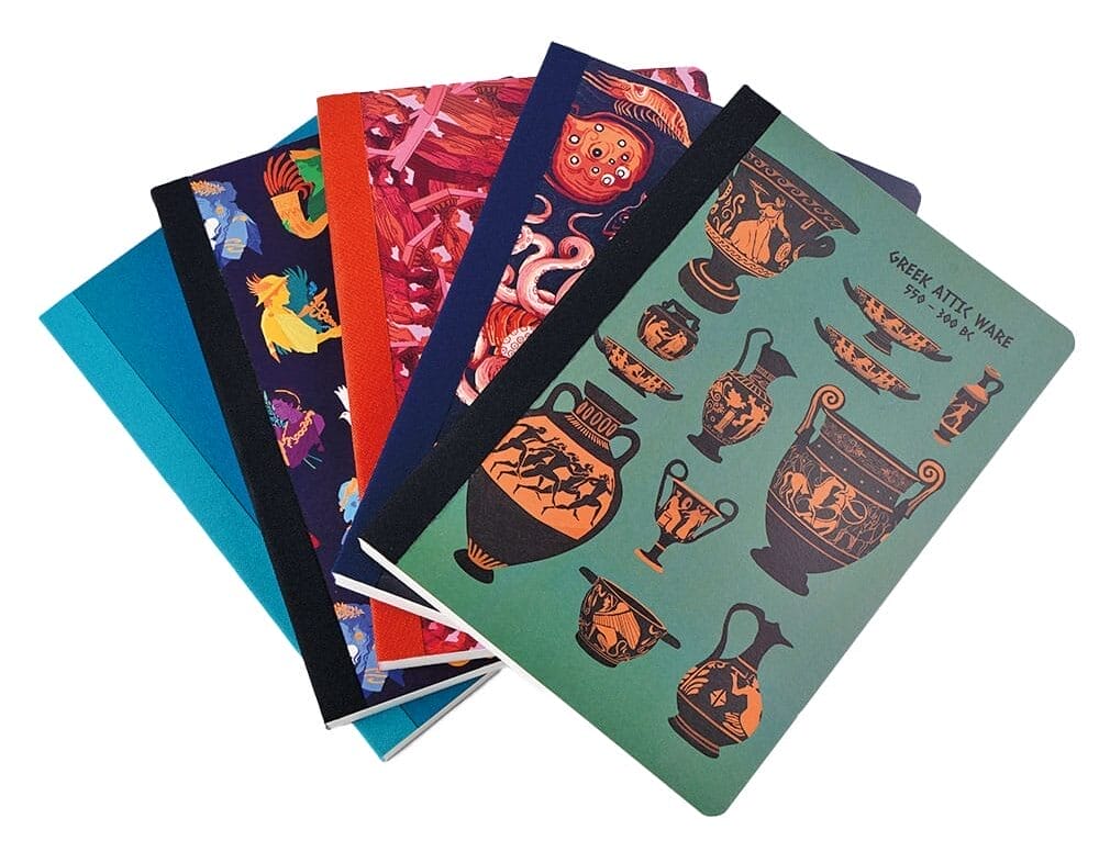 Five Odyssey Notebooks with different designs on them, including Greek vases, Roman gods, and marine life.