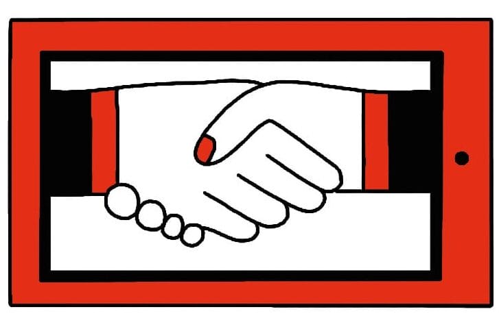 Red, white, and black illustration of an iPad with hands shaking on the screen.