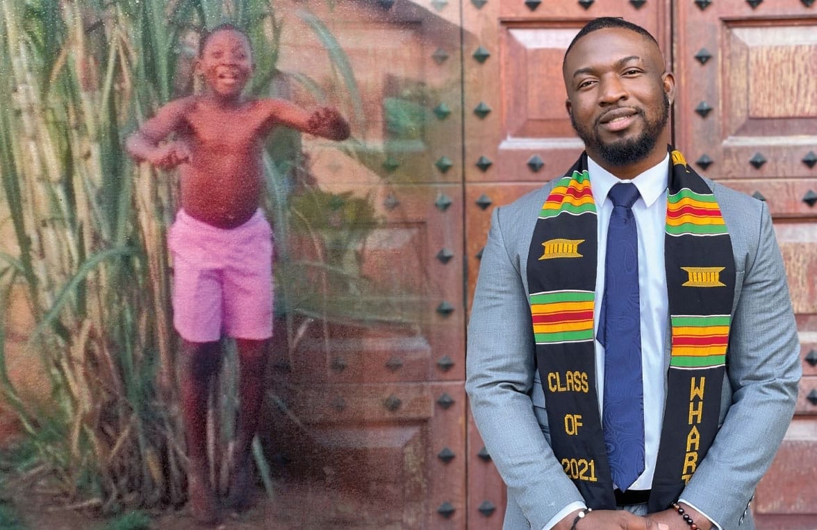 A photo of a young Temitope Akande jumping in front of green foliage, compared with a photo of a Wharton graduate Temitope in a suit and graduation stole.