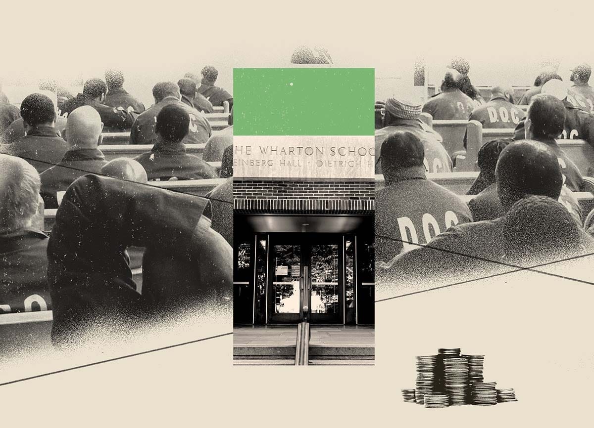 Collage with incarcerated individuals seated in an auditorium as the background and coins as well as the front entrance of Steinberg Hall Dietrich Hall in the foreground.