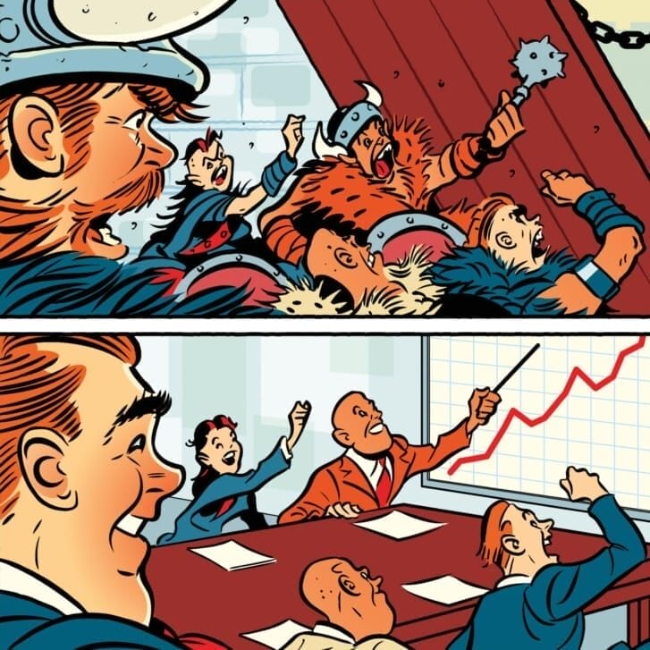 Conceptual illustration of private equity investors as barbarians at the gate versus a depiction of tamer investors cheering in front of a chart showing a successful investment's performance.