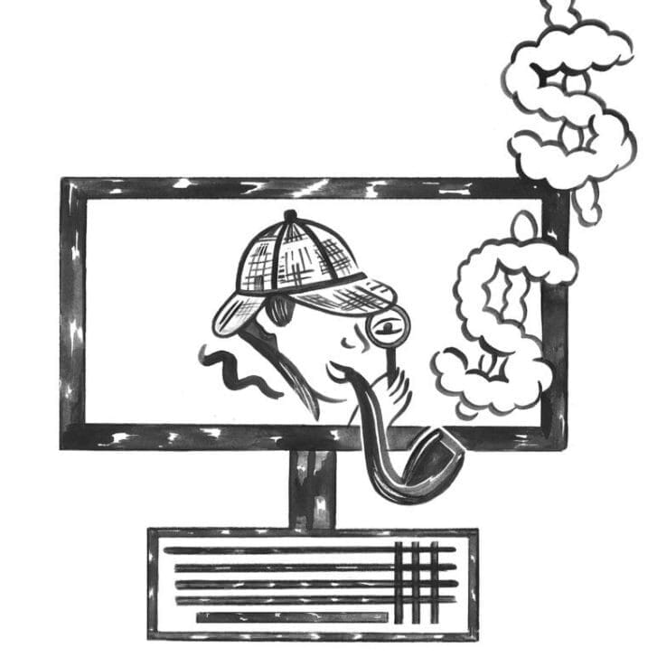 Illustrated computer with image of detective on-screen