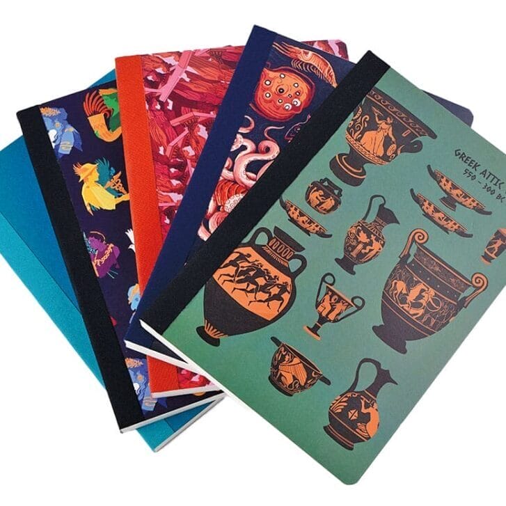 Five Odyssey Notebooks with different designs on them, including Greek vases, Roman gods, and marine life.