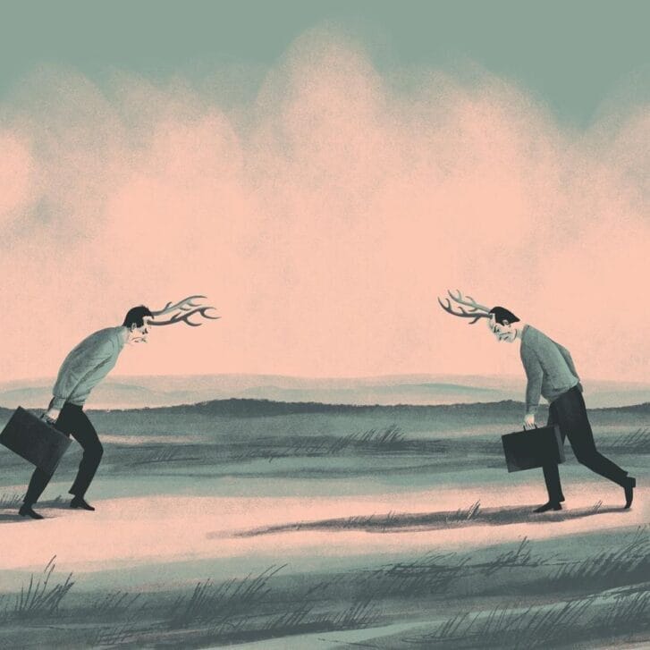 Conceptual illustration of two businesspeople with briefcases and antlers on their heads facing each other in a showdown.