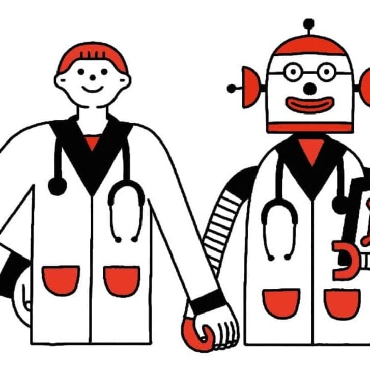 Red, white, and black illustration of a doctor and a robot standing side by side and holding hands.