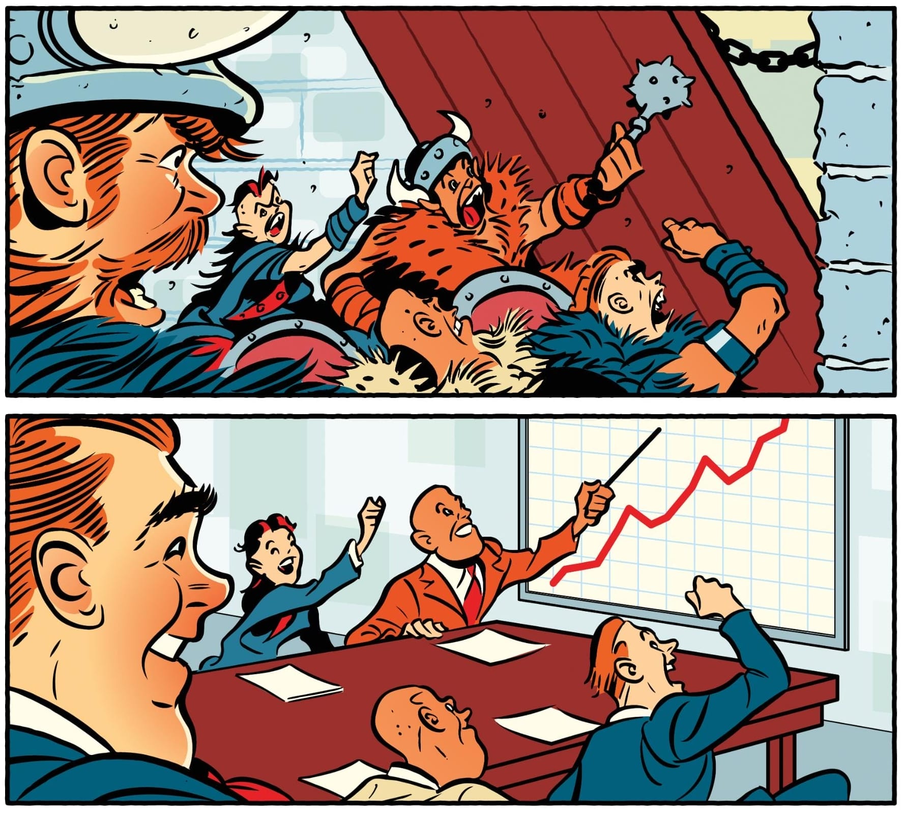 Conceptual illustration of private equity investors as barbarians at the gate versus a depiction of tamer investors cheering in front of a chart showing a successful investment's performance.