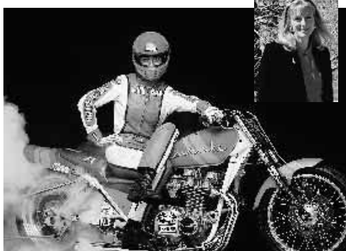 Barbara Young, WG’95, seen ridding a motorcycle. In the top right there is a profile picture of Barbara Young