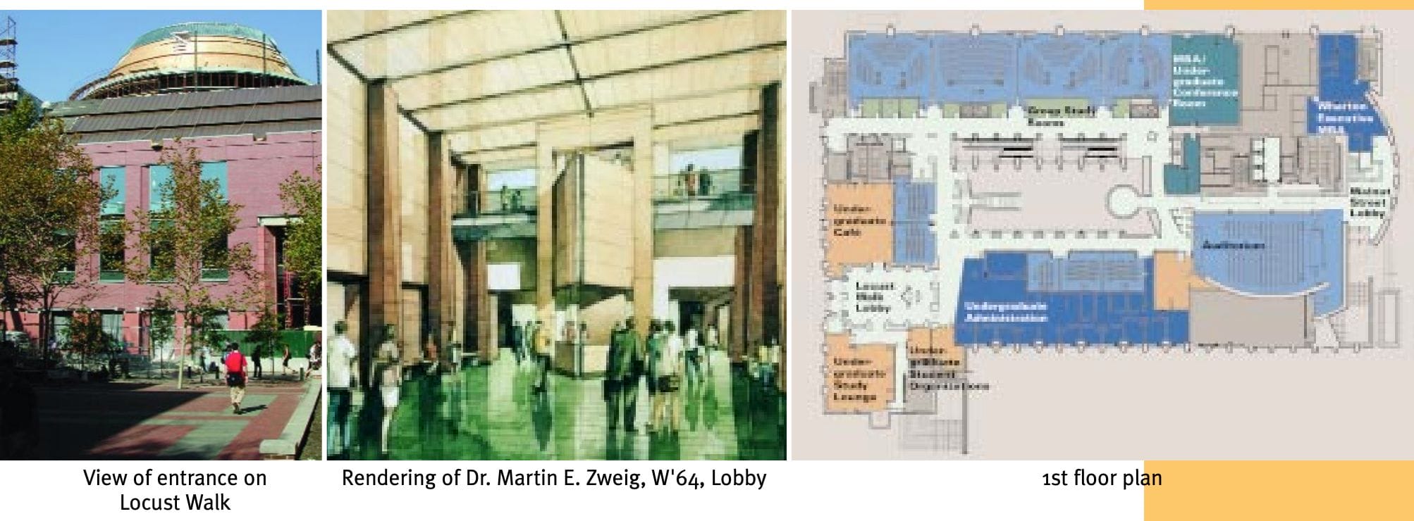 A collage of three separate images of Huntsman Hall. First image on the far left shows Huntsman Hall being constructed. Center image shows the rendering of the Lobby of the building. Far right image shows the floor plan of the first floor