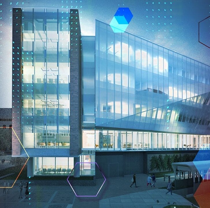 A building with futuristic images and squares floating around it.