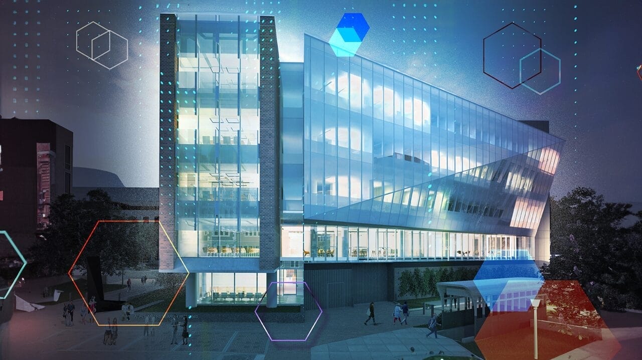 A building with futuristic images and squares floating around it.