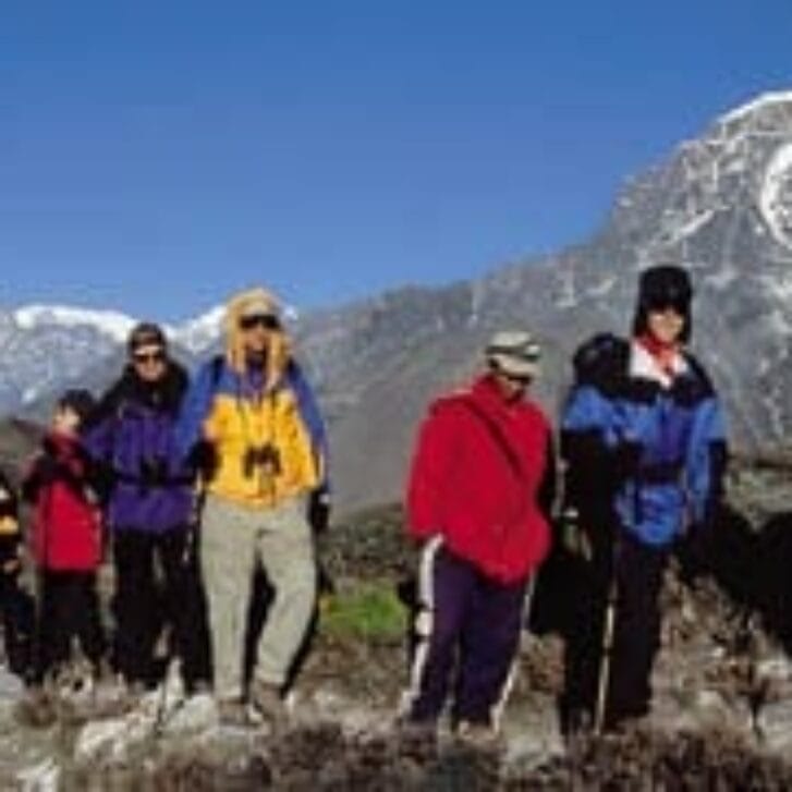 About a dozen people hike in front of a snow-capped mountain.