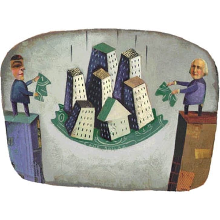 Conceptual illustration of people gripping pieces of a dollar bill, with the rest of the bill under city buildings.