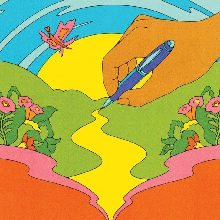 Illustration of a person drawing a beautiful landscape.