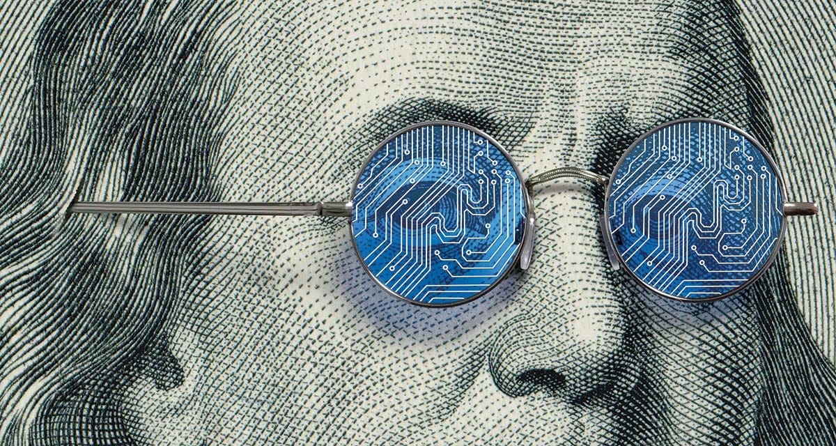 An illustration of Benjamin Franklin wearing glasses that have circuit boards as the lenses.