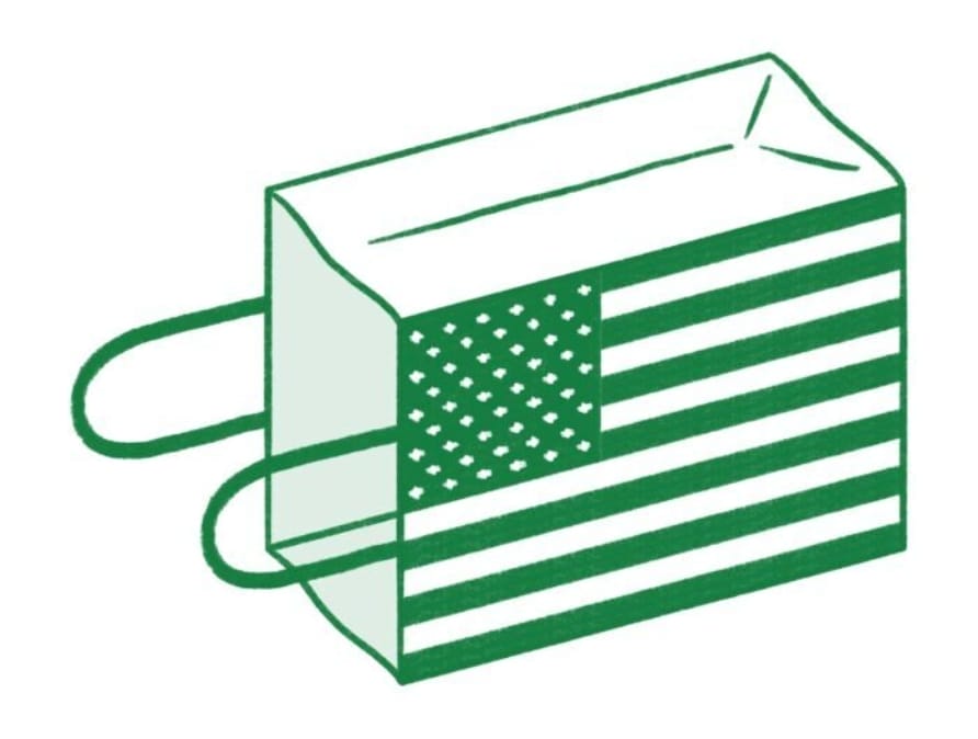 Illustration of a shopping bag turned sideways with the American flag printed on one side.