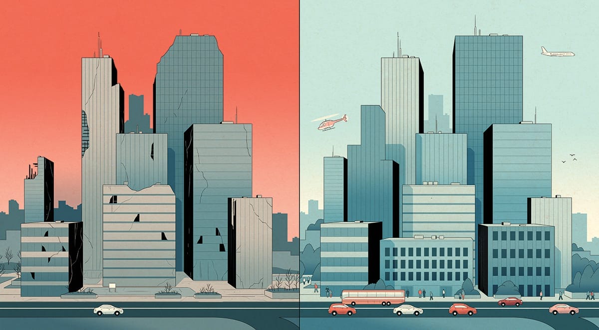 Side-by-side illustrations of an empty city crumbling versus a city thriving with traffic and people.