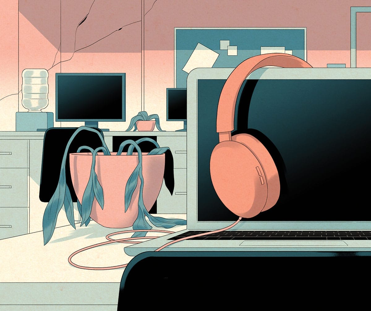 Illustration of a laptop at a desk with headphones draped over the screen and a dying plant beside the device.