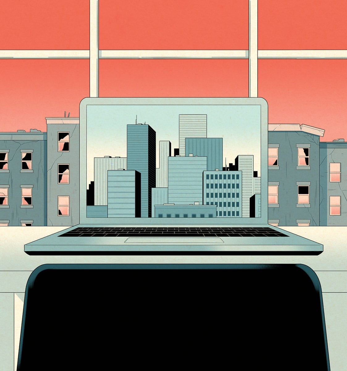 Illustration of a laptop with a normal-looking city on the screen versus a crumbling city outside a window behind the laptop.