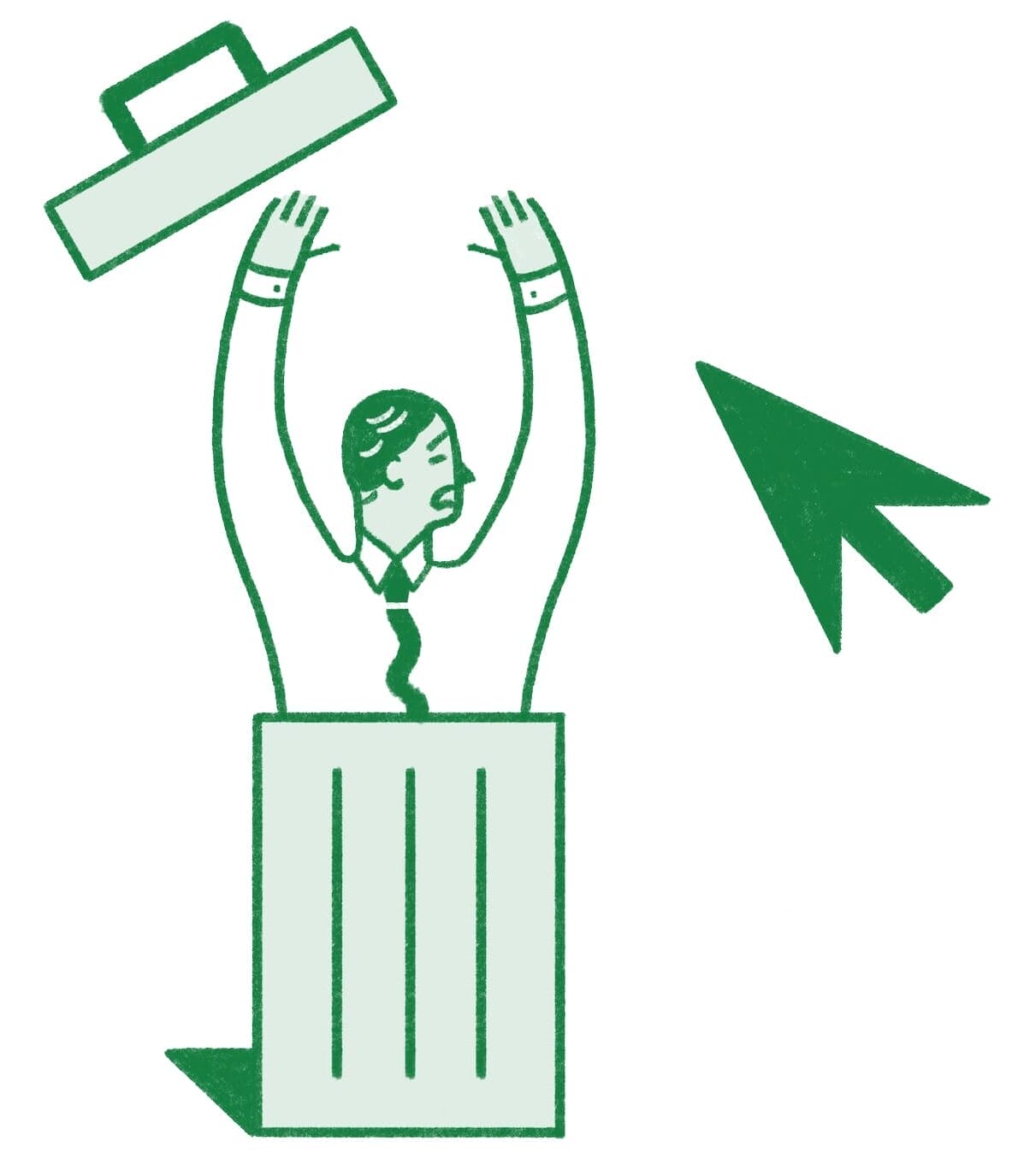 Illustration of a man in a trashcan who is about to be deleted by a computer cursor.