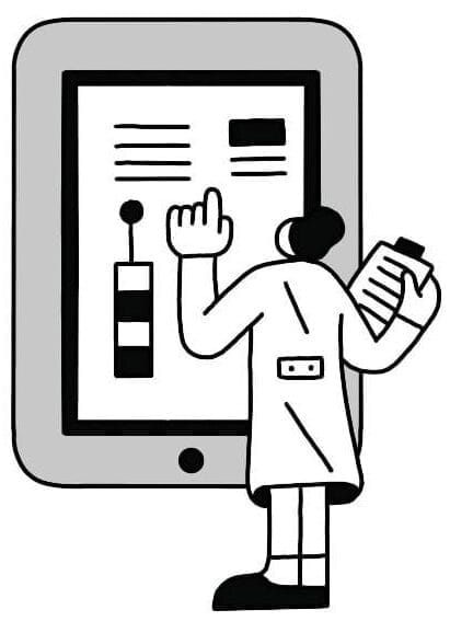 Illustrated black-and-white image of a doctor looking at a digital chart.