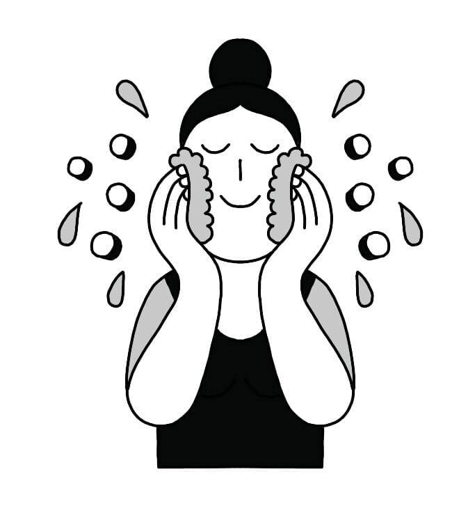 Black-and-white illustration of a woman washing her face.