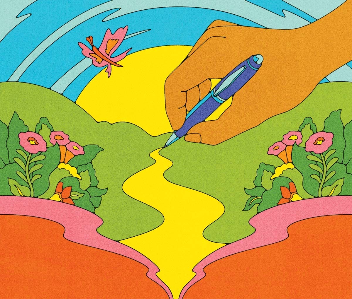 Illustration of a person drawing a beautiful landscape.