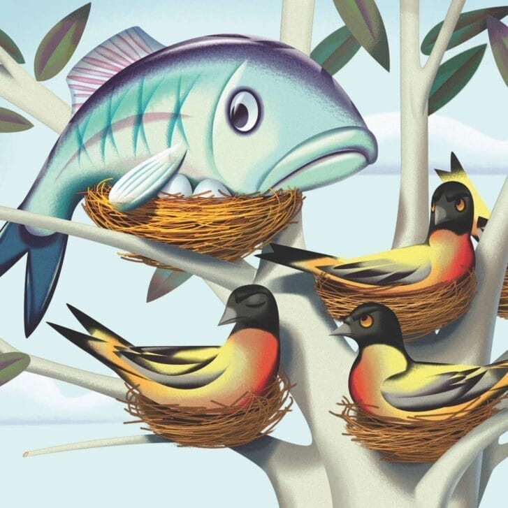 Conceptual illustration of a sad fish atop a nest of eggs.