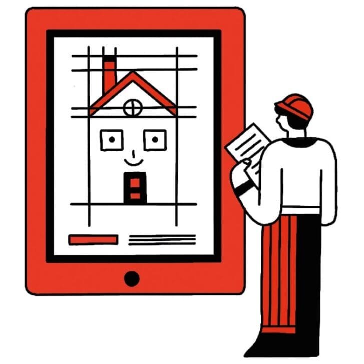 Red, white, and black illustration of a construction worker staring at a large iPad with blueprints for a home on it.